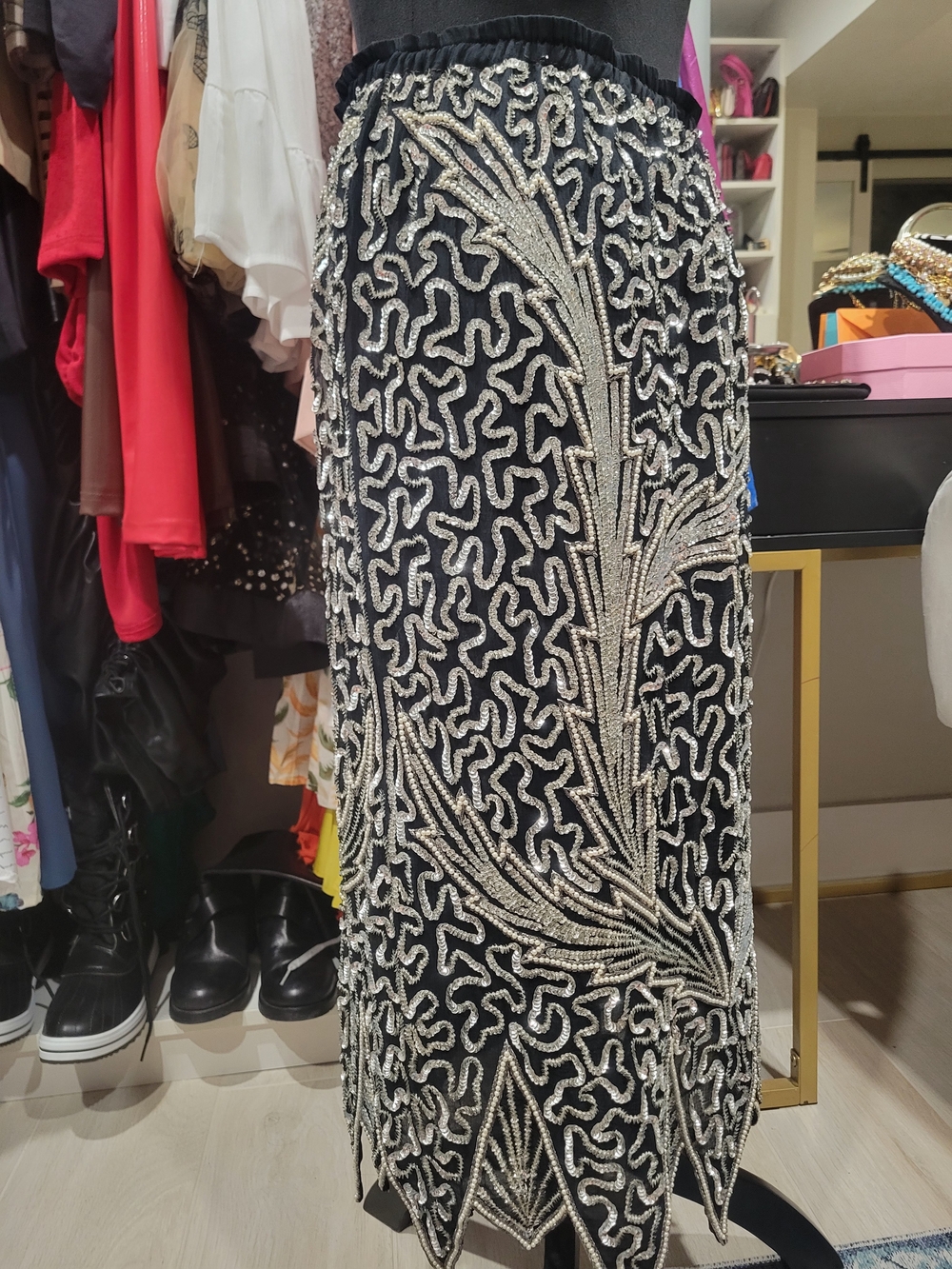 Authentic Vintage 1980 Cotton Candy Black Midi Skirt with Silver Bead Detail